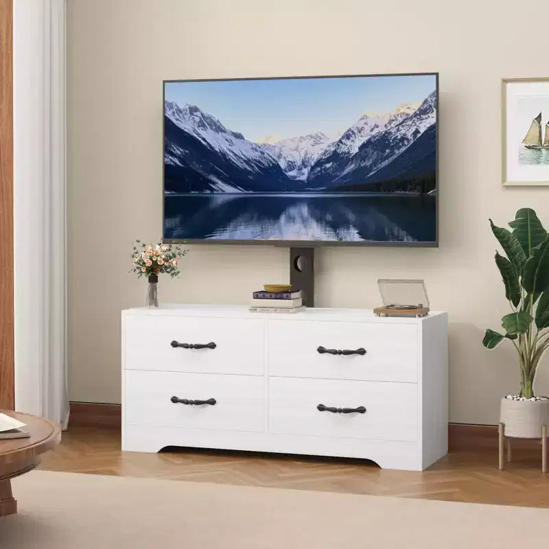 Mueble para TV con soporte para televisores de 32 a 75 pulgadas, mesa de consola multimedia moderna con 4 cajones grandes, cómoda centro de entretenimiento para sala de estar y dormitorio