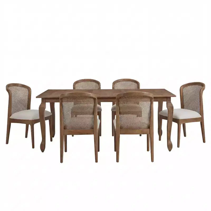 Christopher Knight Home Thaddea Juego de comedor de 7 piezas de estilo rústico extensible de madera de caucho con sillas tapizadas en tela de ratán