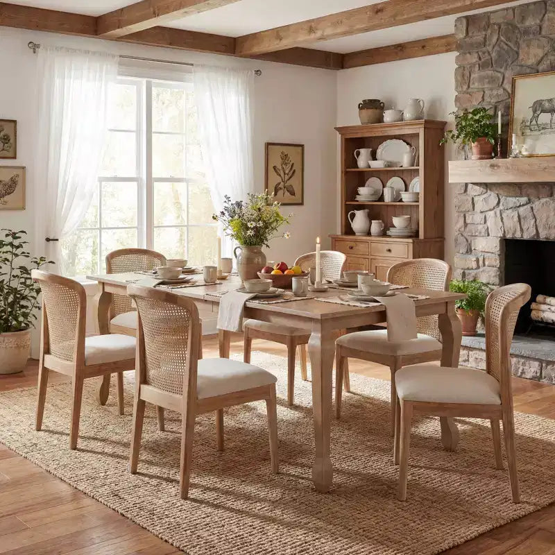 Christopher Knight Home Thaddea Juego de comedor de 7 piezas de estilo rústico extensible de madera de caucho con sillas tapizadas en tela de ratán