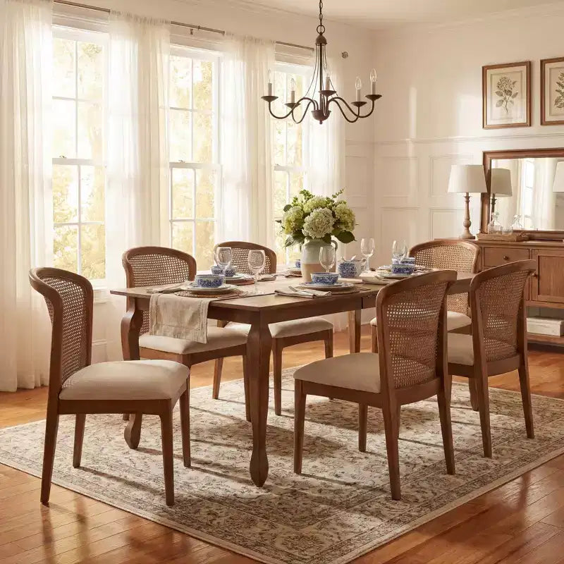 Christopher Knight Home Thaddea Juego de comedor de 7 piezas de estilo rústico extensible de madera de caucho con sillas tapizadas en tela de ratán