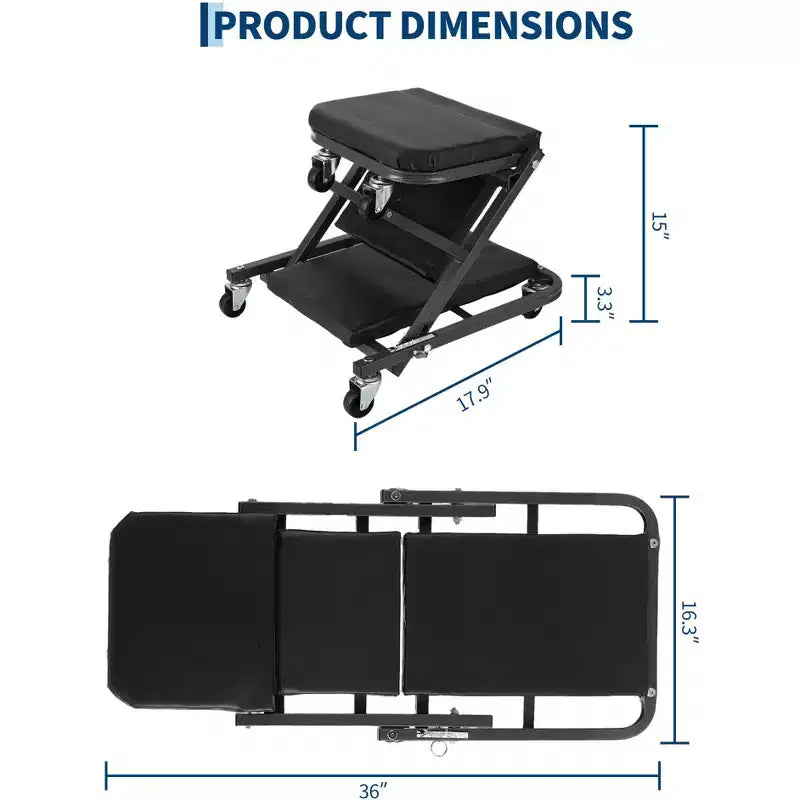 Asiento mecánico plegable 2 en 1, silla giratoria ajustable para taller de garaje, capacidad de 150 kg, 6 ruedas giratorias, estructura de acero, para reparación de automóviles