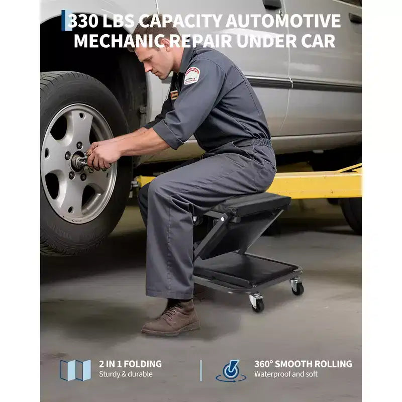 Asiento mecánico plegable 2 en 1, silla giratoria ajustable para taller de garaje, capacidad de 150 kg, 6 ruedas giratorias, estructura de acero, para reparación de automóviles