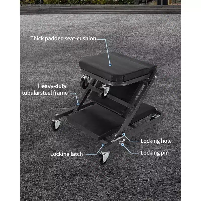 Asiento mecánico plegable 2 en 1, silla giratoria ajustable para taller de garaje, capacidad de 150 kg, 6 ruedas giratorias, estructura de acero, para reparación de automóviles