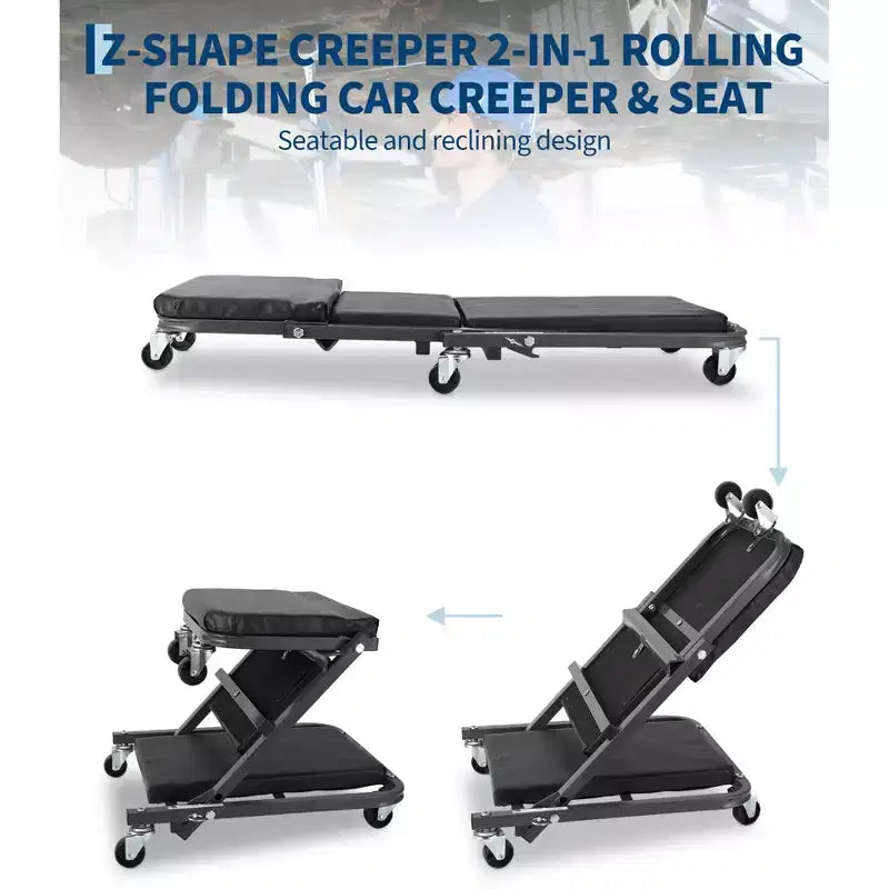 Asiento mecánico plegable 2 en 1, silla giratoria ajustable para taller de garaje, capacidad de 150 kg, 6 ruedas giratorias, estructura de acero, para reparación de automóviles