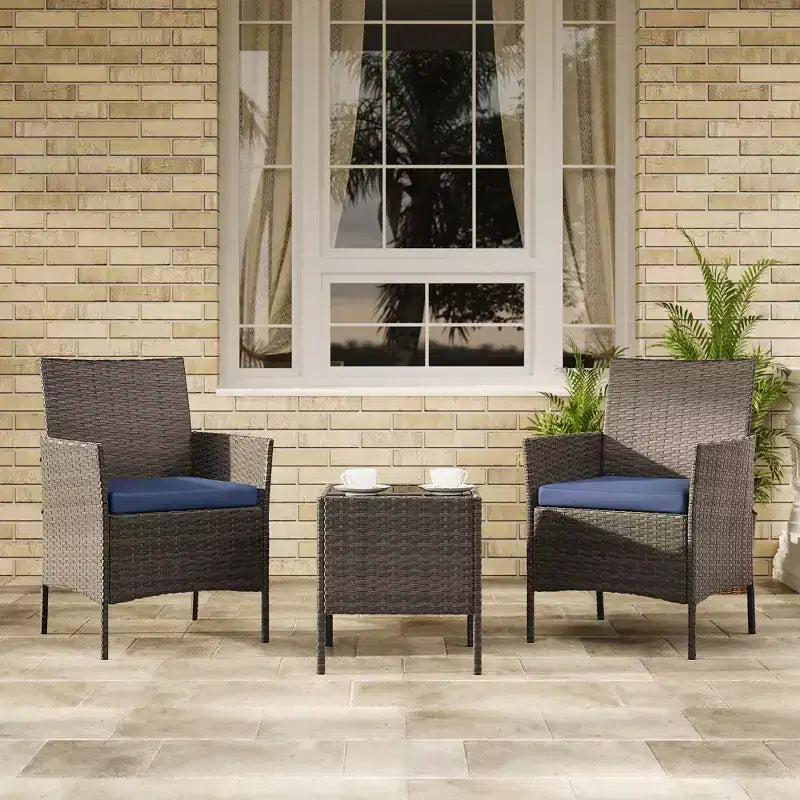 Muebles de patio de 3 piezas con 2 sillas de ratán y 1 mesa de centro de vidrio, juego de conversación para exteriores para balcón, jardín, asientos junto a la piscina