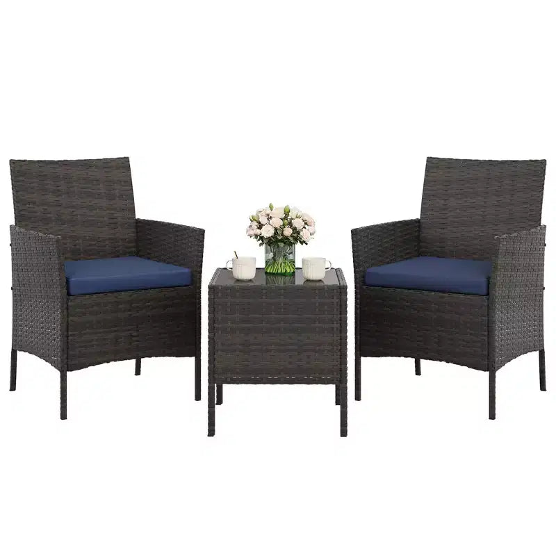 Muebles de patio de 3 piezas con 2 sillas de ratán y 1 mesa de centro de vidrio, juego de conversación para exteriores para balcón, jardín, asientos junto a la piscina