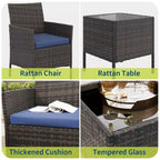 Muebles de patio de 3 piezas con 2 sillas de ratán y 1 mesa de centro de vidrio, juego de conversación para exteriores para balcón, jardín, asientos junto a la piscina