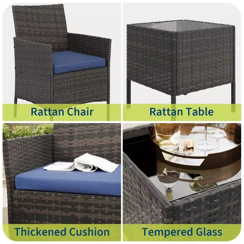 Muebles de patio de 3 piezas con 2 sillas de ratán y 1 mesa de centro de vidrio, juego de conversación para exteriores para balcón, jardín, asientos junto a la piscina