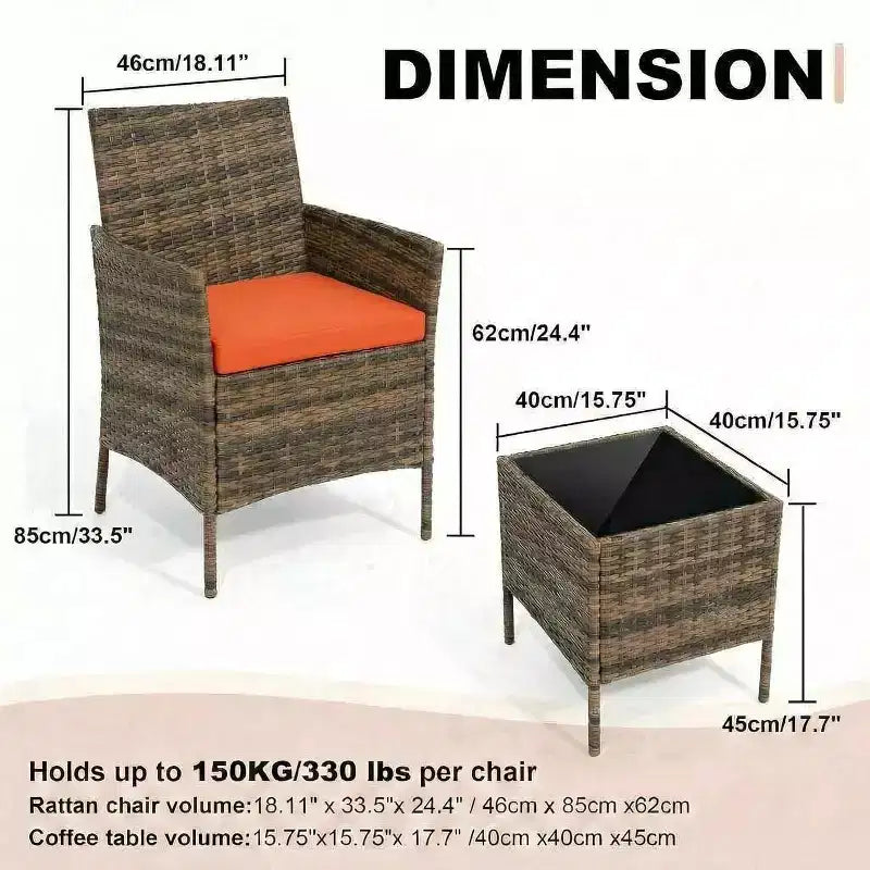 Muebles de patio de 3 piezas con 2 sillas de ratán y 1 mesa de centro de vidrio, juego de conversación para exteriores para balcón, jardín, asientos junto a la piscina