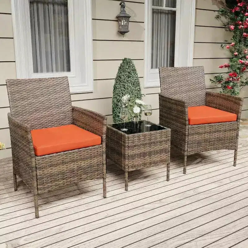 Muebles de patio de 3 piezas con 2 sillas de ratán y 1 mesa de centro de vidrio, juego de conversación para exteriores para balcón, jardín, asientos junto a la piscina