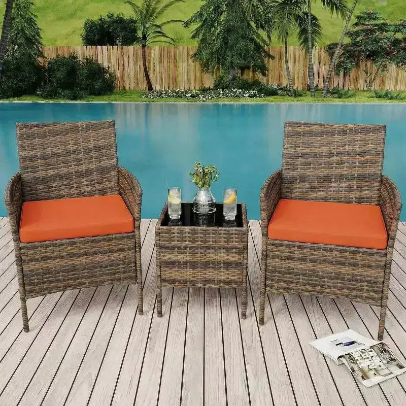 Muebles de patio de 3 piezas con 2 sillas de ratán y 1 mesa de centro de vidrio, juego de conversación para exteriores para balcón, jardín, asientos junto a la piscina