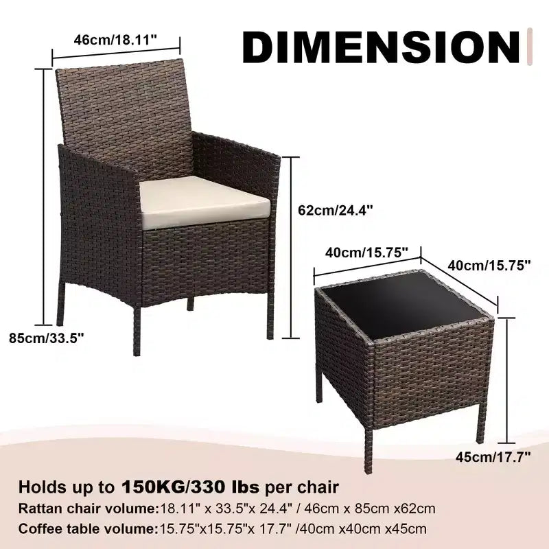 Muebles de patio de 3 piezas con 2 sillas de ratán y 1 mesa de centro de vidrio, juego de conversación para exteriores para balcón, jardín, asientos junto a la piscina