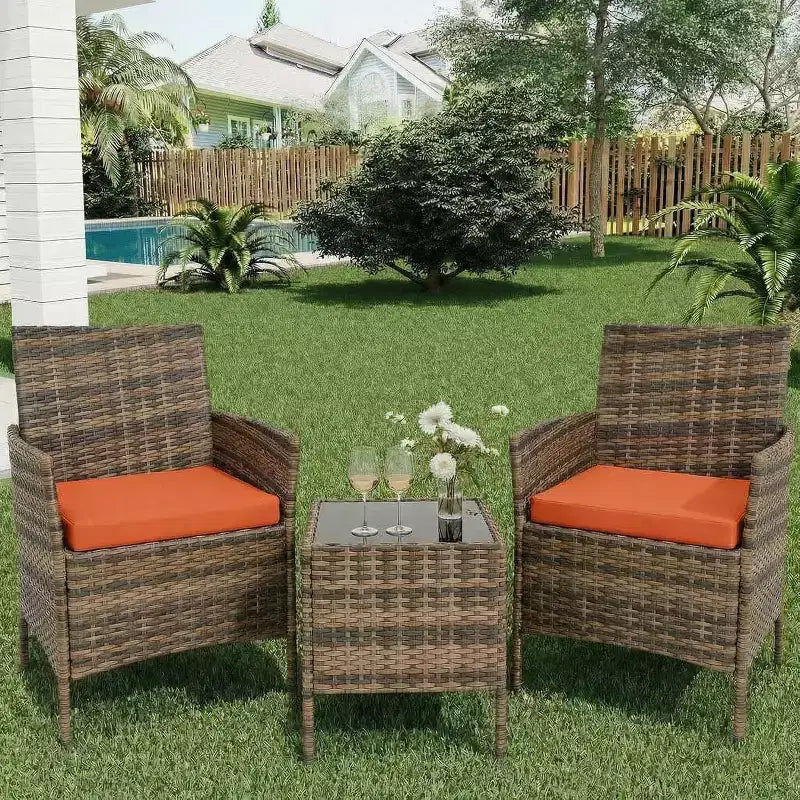Muebles de patio de 3 piezas con 2 sillas de ratán y 1 mesa de centro de vidrio, juego de conversación para exteriores para balcón, jardín, asientos junto a la piscina