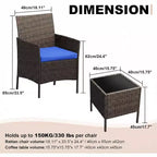 Muebles de patio de 3 piezas con 2 sillas de ratán y 1 mesa de centro de vidrio, juego de conversación para exteriores para balcón, jardín, asientos junto a la piscina
