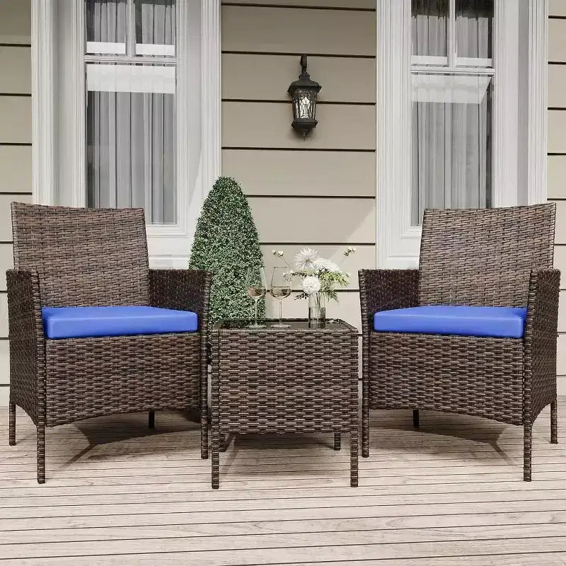 Muebles de patio de 3 piezas con 2 sillas de ratán y 1 mesa de centro de vidrio, juego de conversación para exteriores para balcón, jardín, asientos junto a la piscina