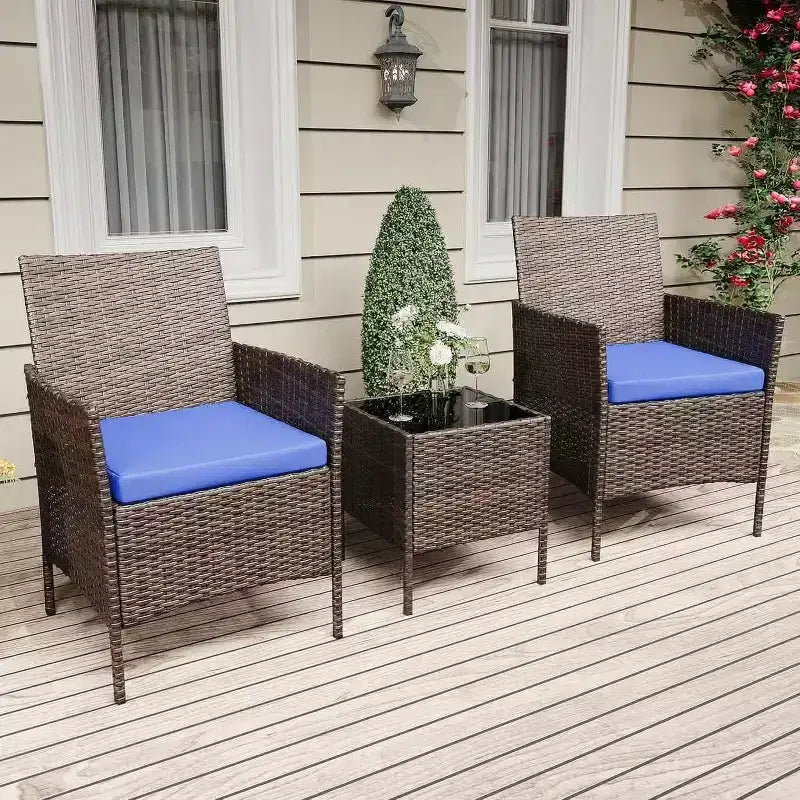 Muebles de patio de 3 piezas con 2 sillas de ratán y 1 mesa de centro de vidrio, juego de conversación para exteriores para balcón, jardín, asientos junto a la piscina