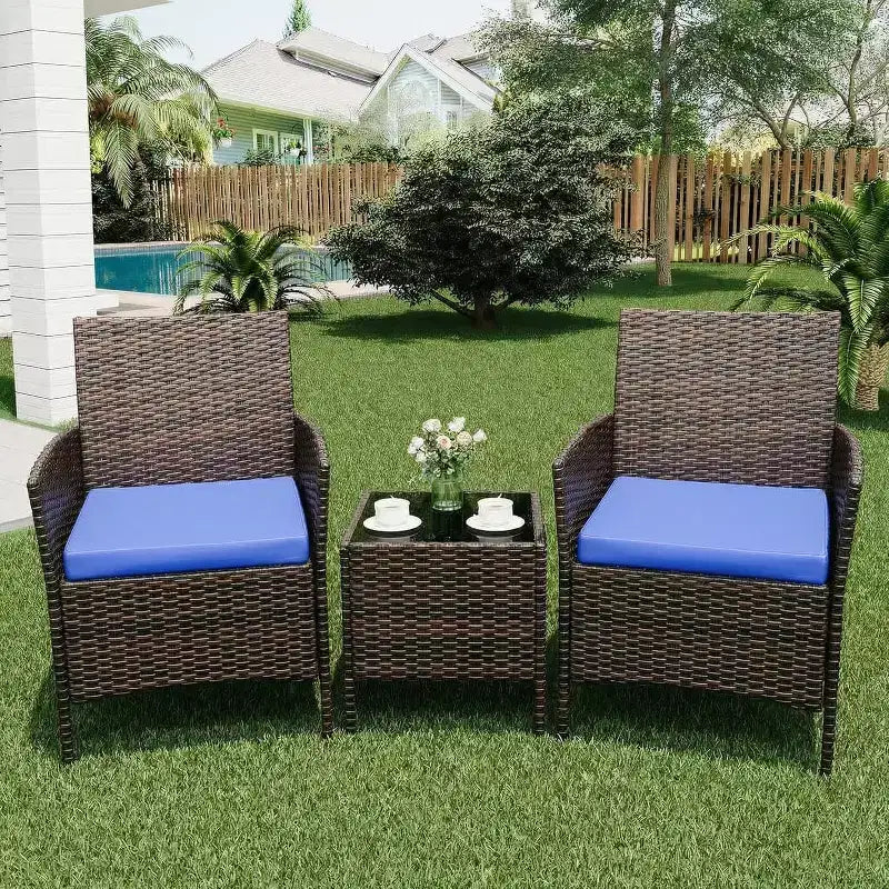 Muebles de patio de 3 piezas con 2 sillas de ratán y 1 mesa de centro de vidrio, juego de conversación para exteriores para balcón, jardín, asientos junto a la piscina