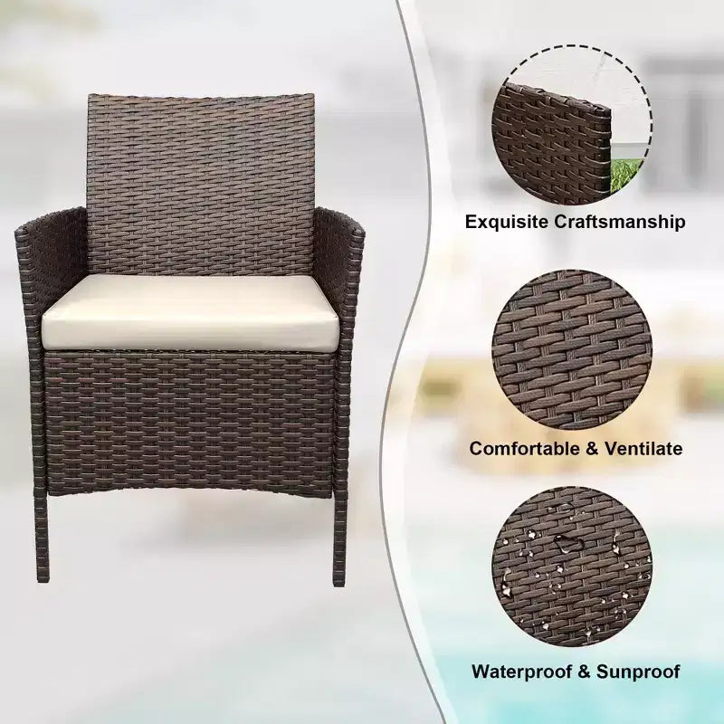 Muebles de patio de 3 piezas con 2 sillas de ratán y 1 mesa de centro de vidrio, juego de conversación para exteriores para balcón, jardín, asientos junto a la piscina