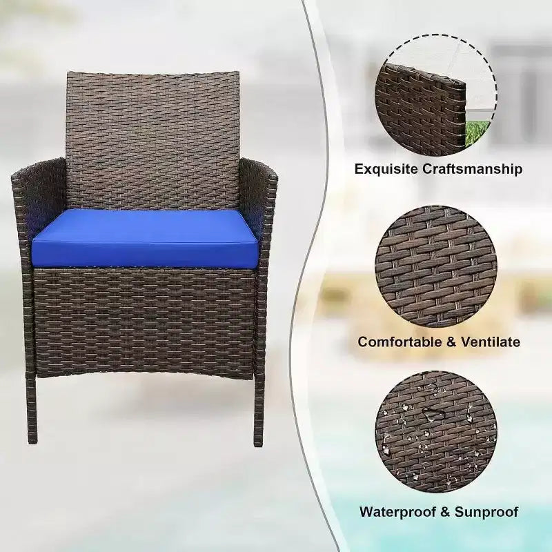 Muebles de patio de 3 piezas con 2 sillas de ratán y 1 mesa de centro de vidrio, juego de conversación para exteriores para balcón, jardín, asientos junto a la piscina