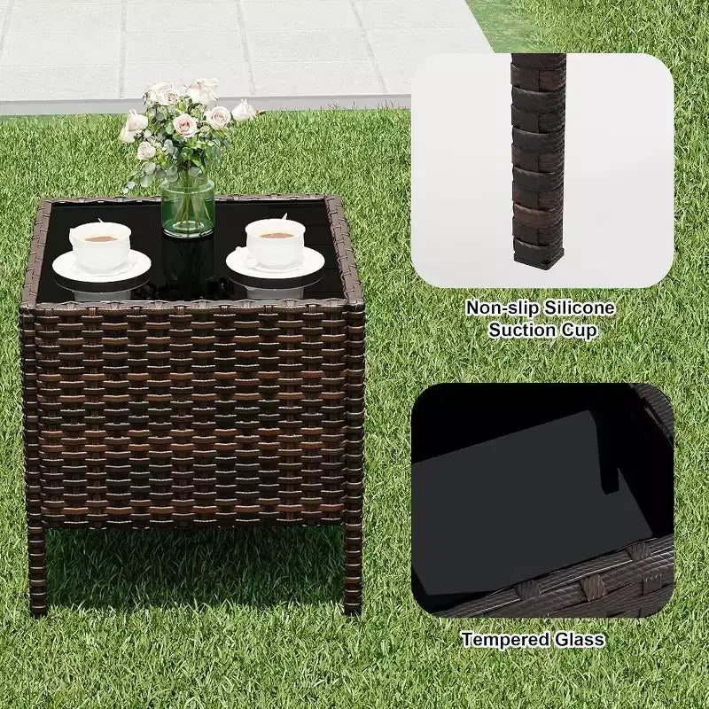 Muebles de patio de 3 piezas con 2 sillas de ratán y 1 mesa de centro de vidrio, juego de conversación para exteriores para balcón, jardín, asientos junto a la piscina