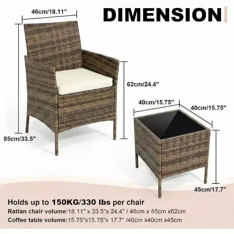 Muebles de patio de 3 piezas con 2 sillas de ratán y 1 mesa de centro de vidrio, juego de conversación para exteriores para balcón, jardín, asientos junto a la piscina