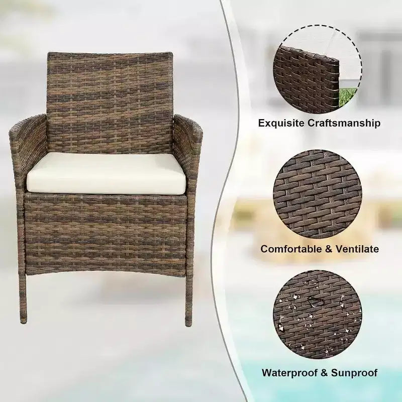 Muebles de patio de 3 piezas con 2 sillas de ratán y 1 mesa de centro de vidrio, juego de conversación para exteriores para balcón, jardín, asientos junto a la piscina