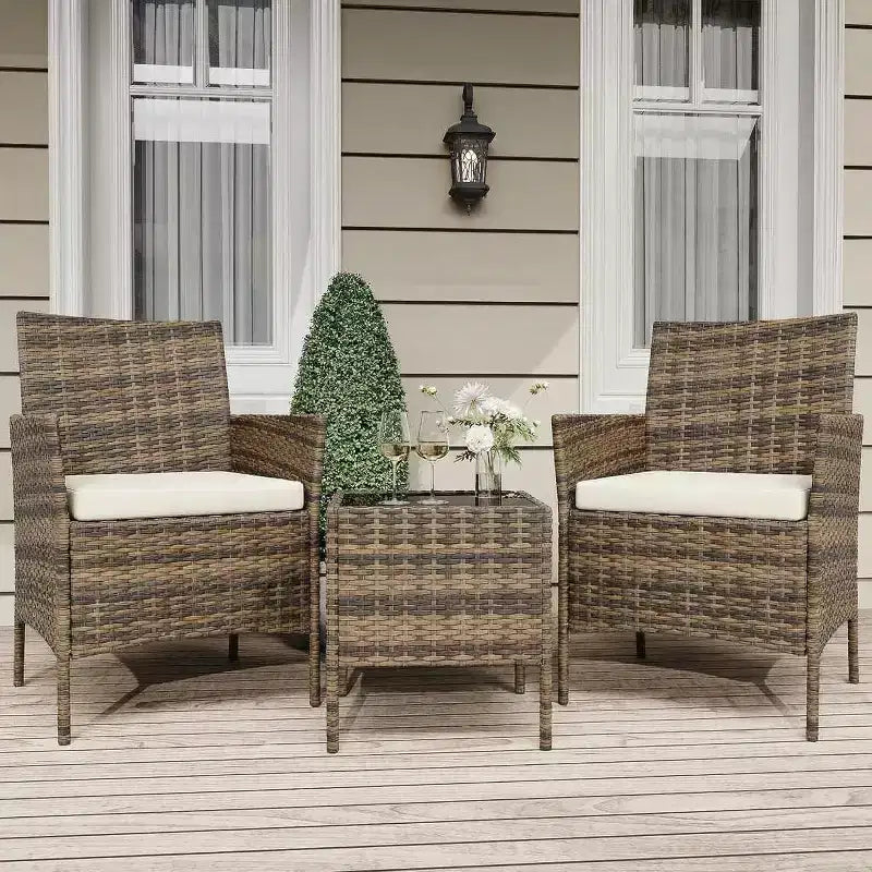 Muebles de patio de 3 piezas con 2 sillas de ratán y 1 mesa de centro de vidrio, juego de conversación para exteriores para balcón, jardín, asientos junto a la piscina