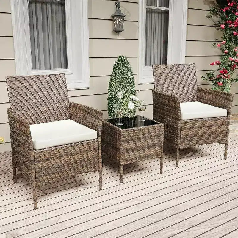 Muebles de patio de 3 piezas con 2 sillas de ratán y 1 mesa de centro de vidrio, juego de conversación para exteriores para balcón, jardín, asientos junto a la piscina