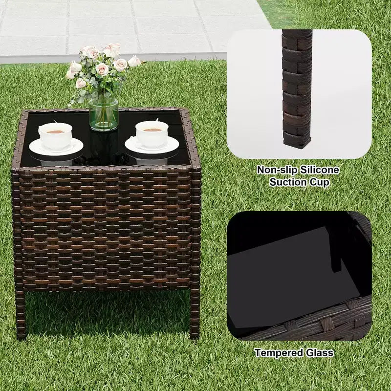 Muebles de patio de 3 piezas con 2 sillas de ratán y 1 mesa de centro de vidrio, juego de conversación para exteriores para balcón, jardín, asientos junto a la piscina