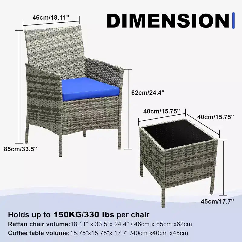 Muebles de patio de 3 piezas con 2 sillas de ratán y 1 mesa de centro de vidrio, juego de conversación para exteriores para balcón, jardín, asientos junto a la piscina
