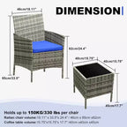 Muebles de patio de 3 piezas con 2 sillas de ratán y 1 mesa de centro de vidrio, juego de conversación para exteriores para balcón, jardín, asientos junto a la piscina