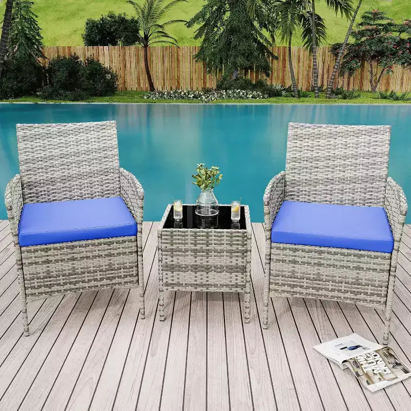 Muebles de patio de 3 piezas con 2 sillas de ratán y 1 mesa de centro de vidrio, juego de conversación para exteriores para balcón, jardín, asientos junto a la piscina