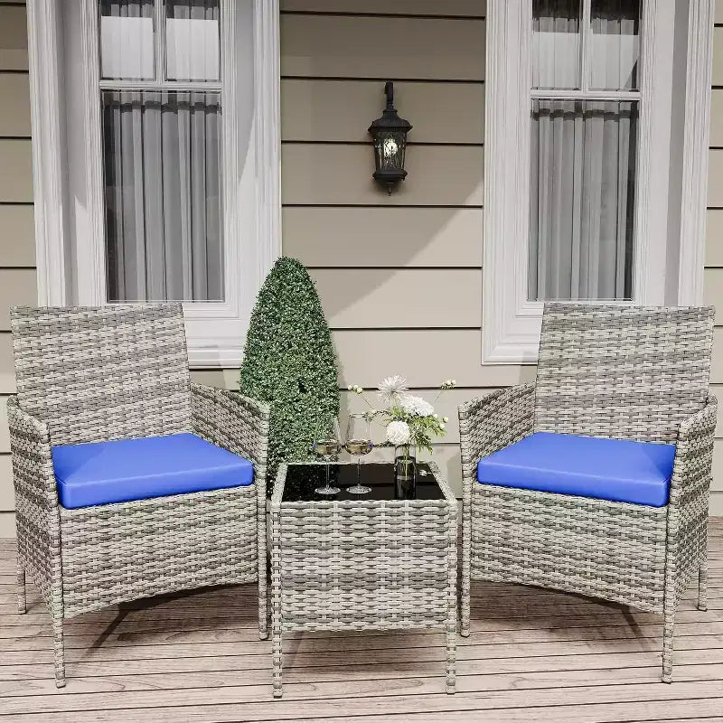 Muebles de patio de 3 piezas con 2 sillas de ratán y 1 mesa de centro de vidrio, juego de conversación para exteriores para balcón, jardín, asientos junto a la piscina