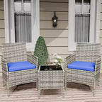 Muebles de patio de 3 piezas con 2 sillas de ratán y 1 mesa de centro de vidrio, juego de conversación para exteriores para balcón, jardín, asientos junto a la piscina