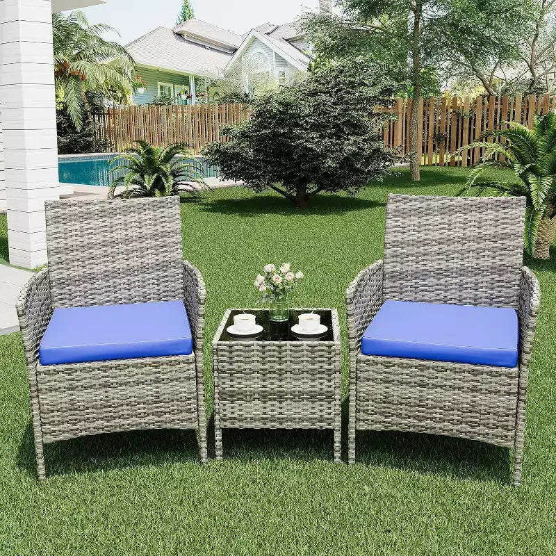 Muebles de patio de 3 piezas con 2 sillas de ratán y 1 mesa de centro de vidrio, juego de conversación para exteriores para balcón, jardín, asientos junto a la piscina