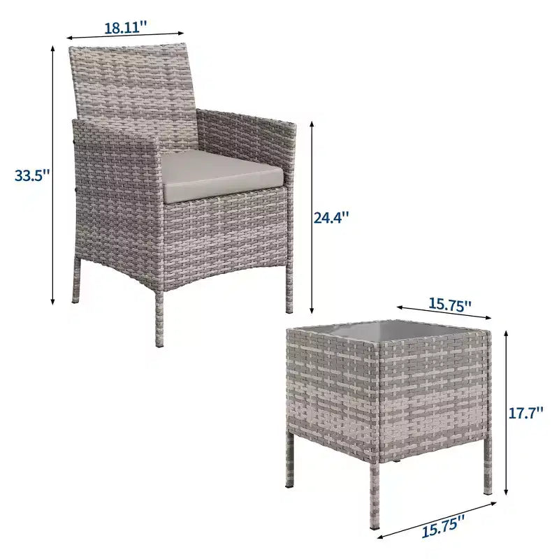 Muebles de patio de 3 piezas con 2 sillas de ratán y 1 mesa de centro de vidrio, juego de conversación para exteriores para balcón, jardín, asientos junto a la piscina