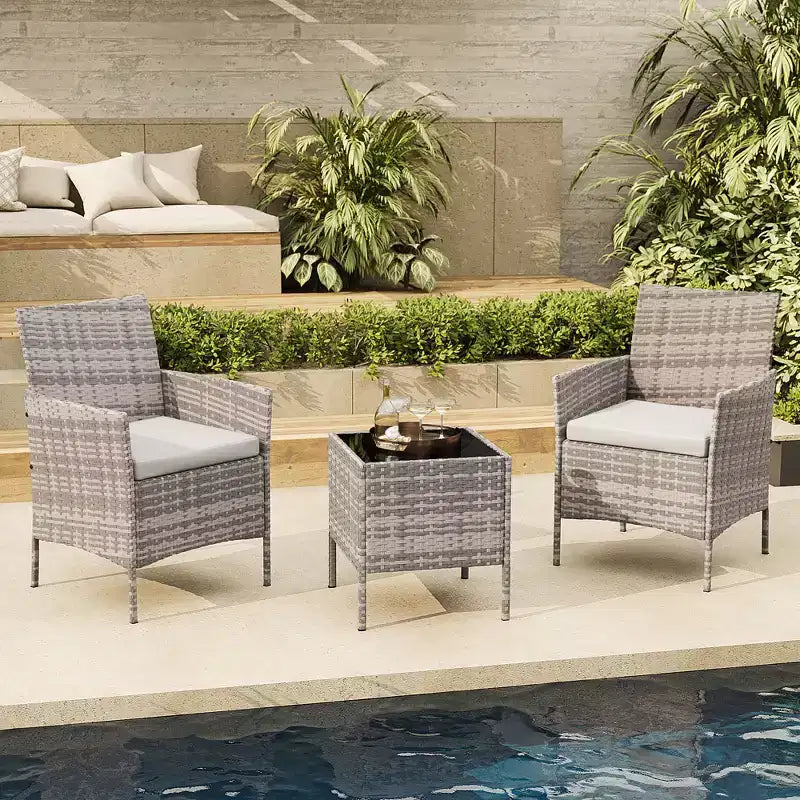 Muebles de patio de 3 piezas con 2 sillas de ratán y 1 mesa de centro de vidrio, juego de conversación para exteriores para balcón, jardín, asientos junto a la piscina