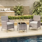 Muebles de patio de 3 piezas con 2 sillas de ratán y 1 mesa de centro de vidrio, juego de conversación para exteriores para balcón, jardín, asientos junto a la piscina