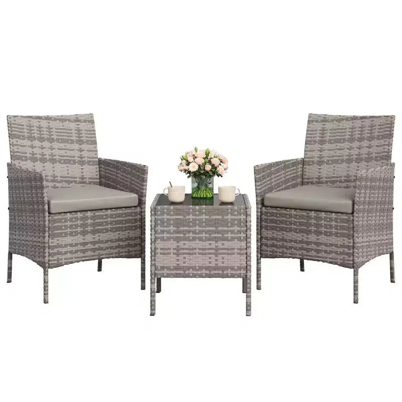Muebles de patio de 3 piezas con 2 sillas de ratán y 1 mesa de centro de vidrio, juego de conversación para exteriores para balcón, jardín, asientos junto a la piscina