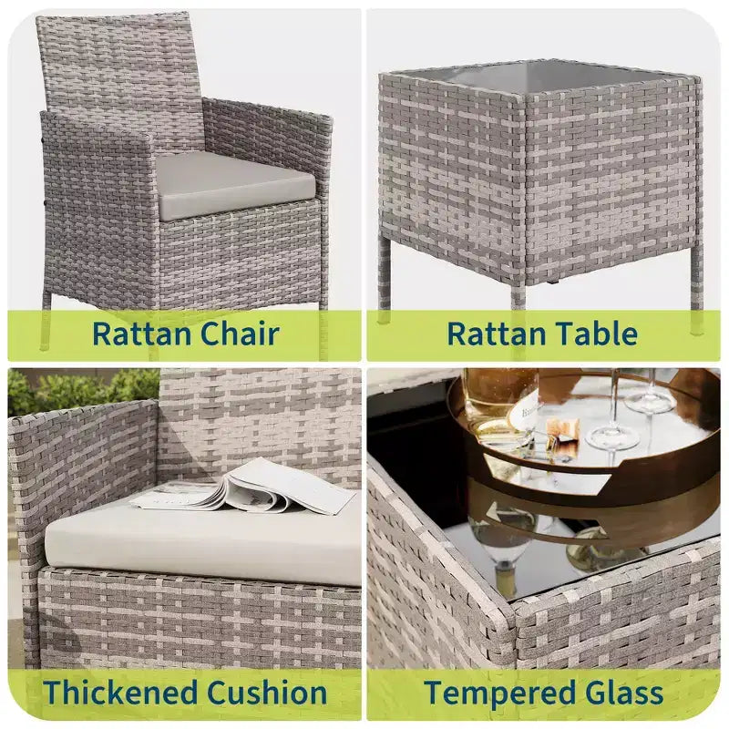Muebles de patio de 3 piezas con 2 sillas de ratán y 1 mesa de centro de vidrio, juego de conversación para exteriores para balcón, jardín, asientos junto a la piscina