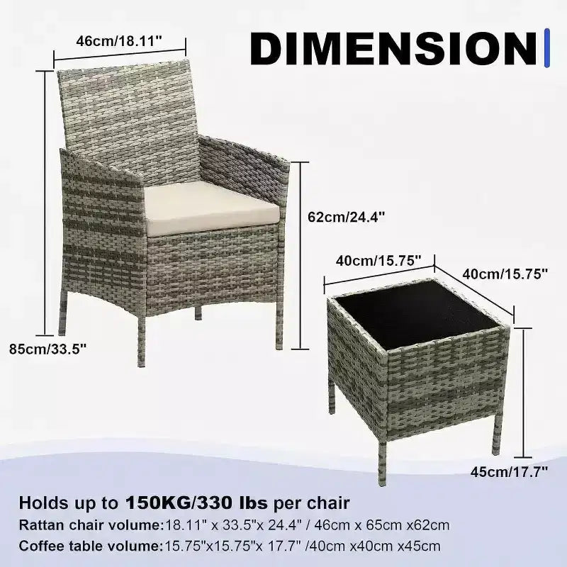 Muebles de patio de 3 piezas con 2 sillas de ratán y 1 mesa de centro de vidrio, juego de conversación para exteriores para balcón, jardín, asientos junto a la piscina