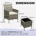 Muebles de patio de 3 piezas con 2 sillas de ratán y 1 mesa de centro de vidrio, juego de conversación para exteriores para balcón, jardín, asientos junto a la piscina