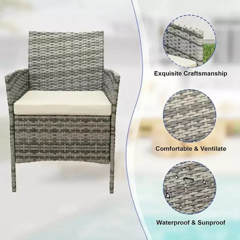 Muebles de patio de 3 piezas con 2 sillas de ratán y 1 mesa de centro de vidrio, juego de conversación para exteriores para balcón, jardín, asientos junto a la piscina