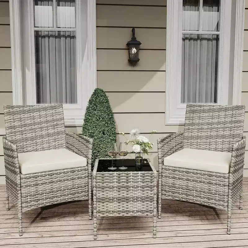 Muebles de patio de 3 piezas con 2 sillas de ratán y 1 mesa de centro de vidrio, juego de conversación para exteriores para balcón, jardín, asientos junto a la piscina