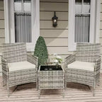 Muebles de patio de 3 piezas con 2 sillas de ratán y 1 mesa de centro de vidrio, juego de conversación para exteriores para balcón, jardín, asientos junto a la piscina