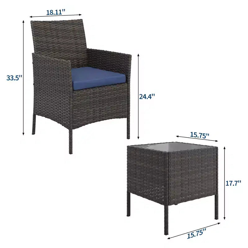Muebles de patio de 3 piezas con 2 sillas de ratán y 1 mesa de centro de vidrio, juego de conversación para exteriores para balcón, jardín, asientos junto a la piscina