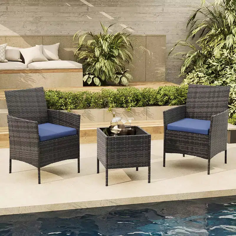 Muebles de patio de 3 piezas con 2 sillas de ratán y 1 mesa de centro de vidrio, juego de conversación para exteriores para balcón, jardín, asientos junto a la piscina