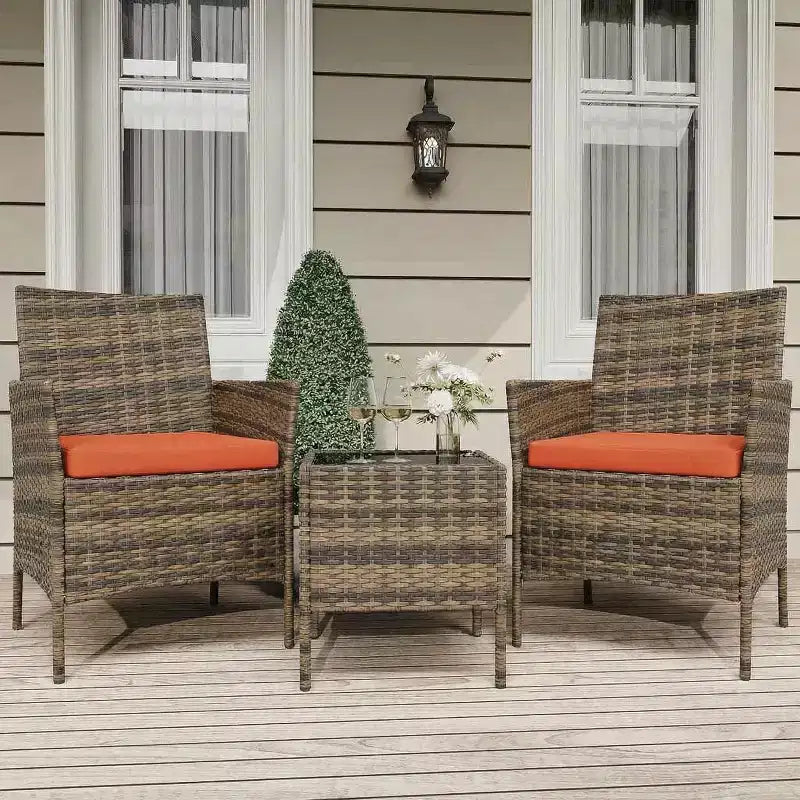 Muebles de patio de 3 piezas con 2 sillas de ratán y 1 mesa de centro de vidrio, juego de conversación para exteriores para balcón, jardín, asientos junto a la piscina