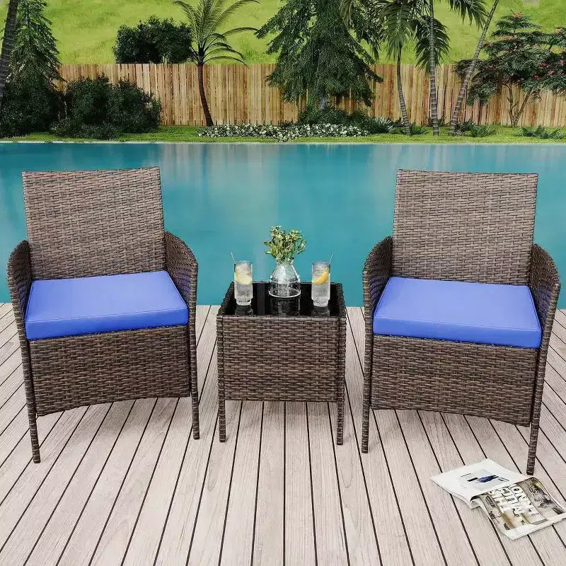 Muebles de patio de 3 piezas con 2 sillas de ratán y 1 mesa de centro de vidrio, juego de conversación para exteriores para balcón, jardín, asientos junto a la piscina