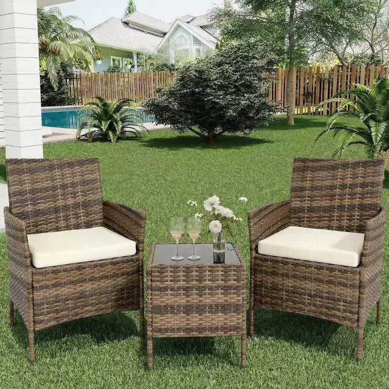 Muebles de patio de 3 piezas con 2 sillas de ratán y 1 mesa de centro de vidrio, juego de conversación para exteriores para balcón, jardín, asientos junto a la piscina